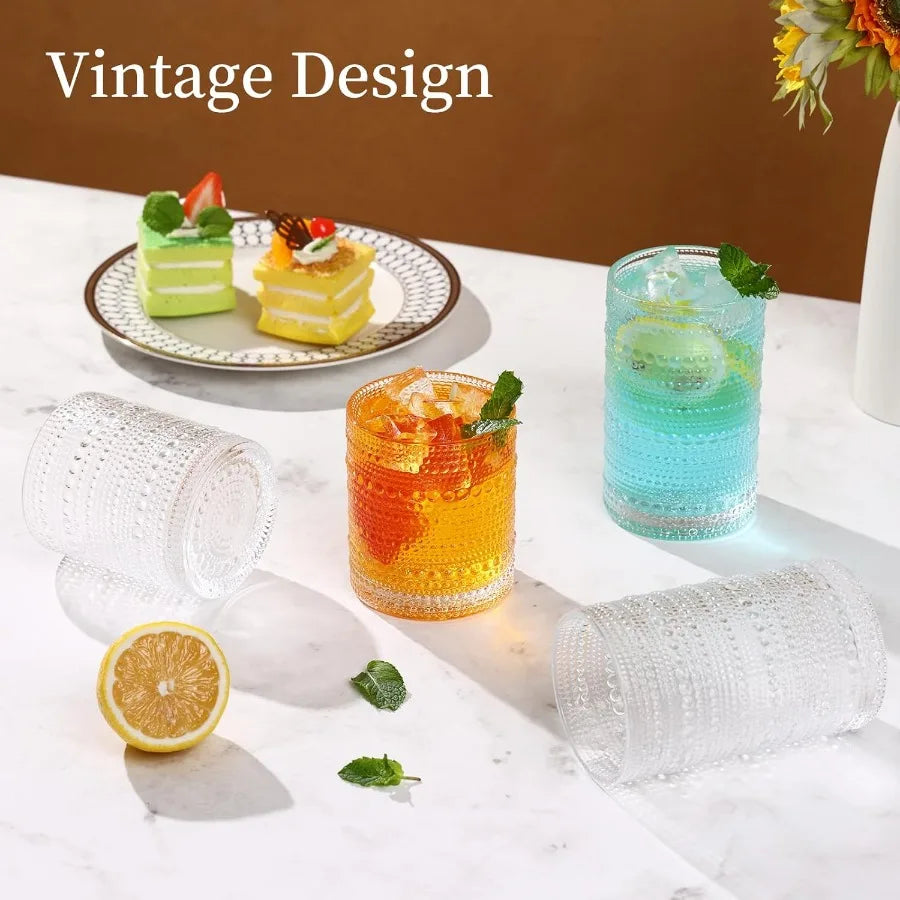 Hobnail Drinking Glasses Clear Embossed Set Of 12