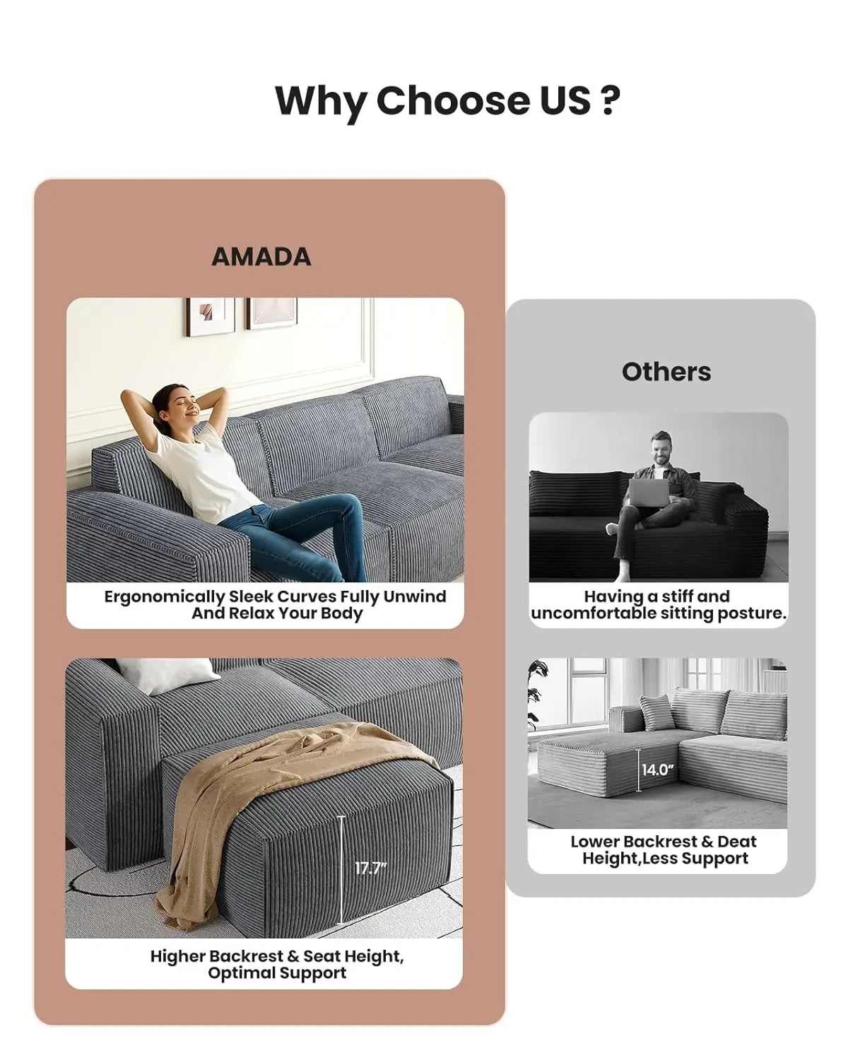 Sofa L-Shaped Corduroy With Deep Cushions And High Back