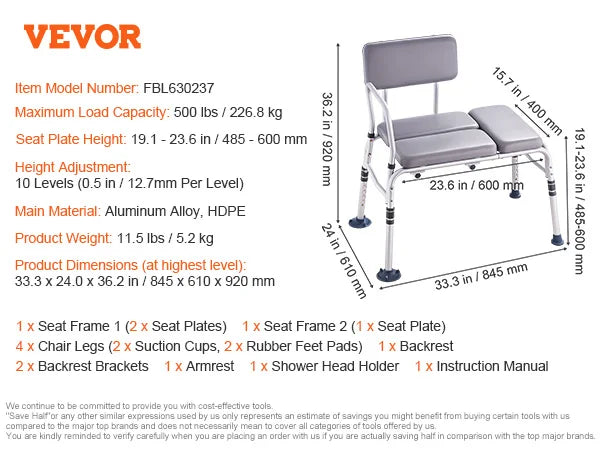 SucceBuy Tub Transfer Bench Aluminum Bath Seat With Armrest
