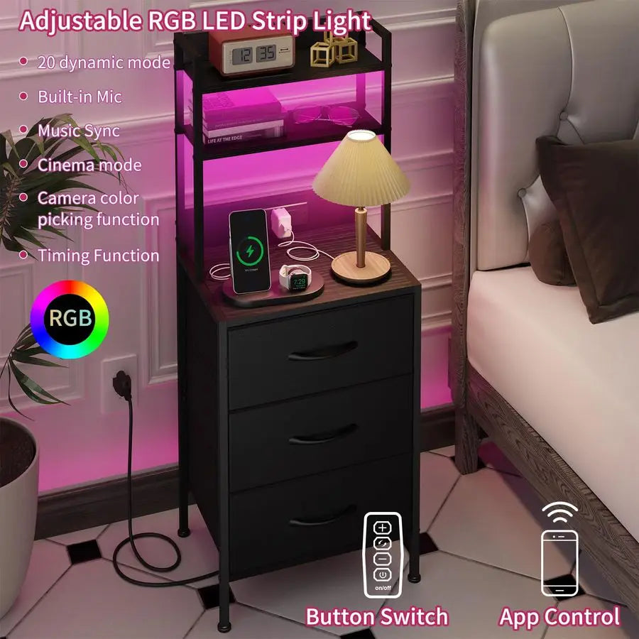 Nightstand LED Charging Station With USB Port And Fabric Drawers