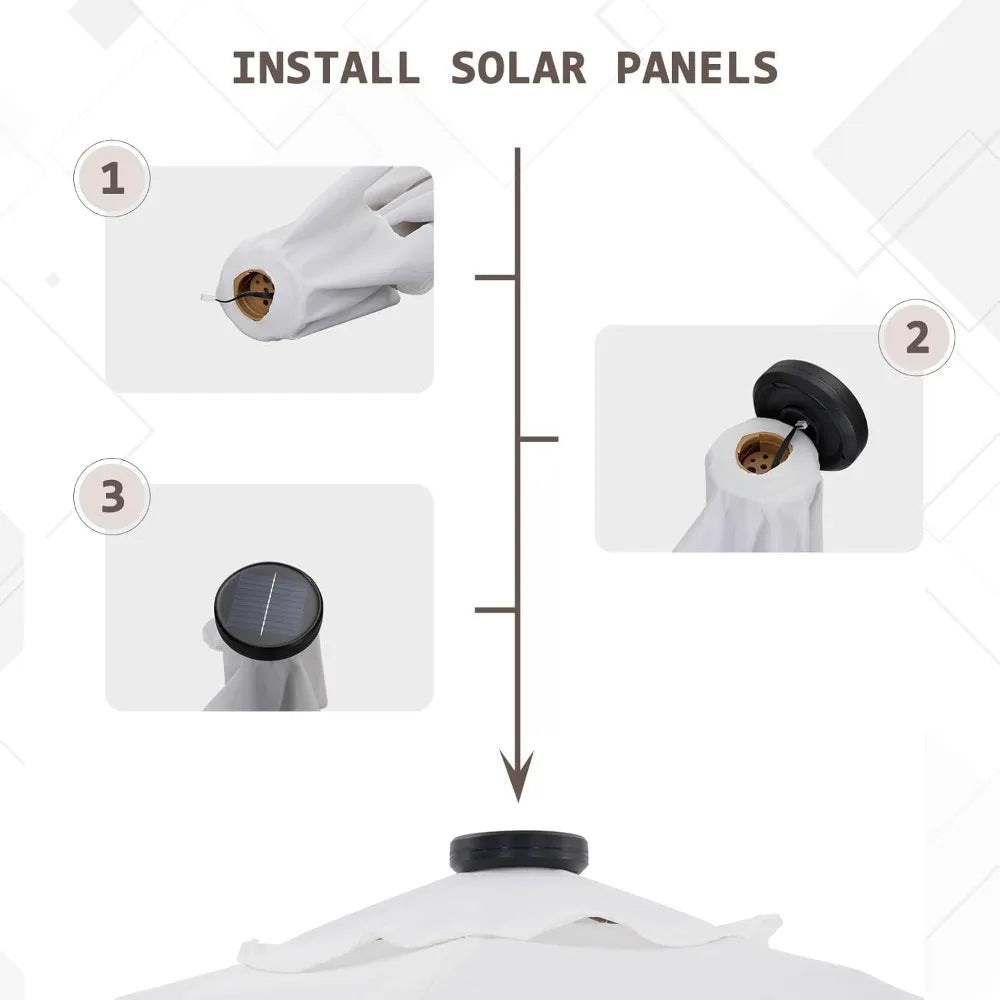 Patio Umbrella With Fringe And Base, 18 LED Solar Lights