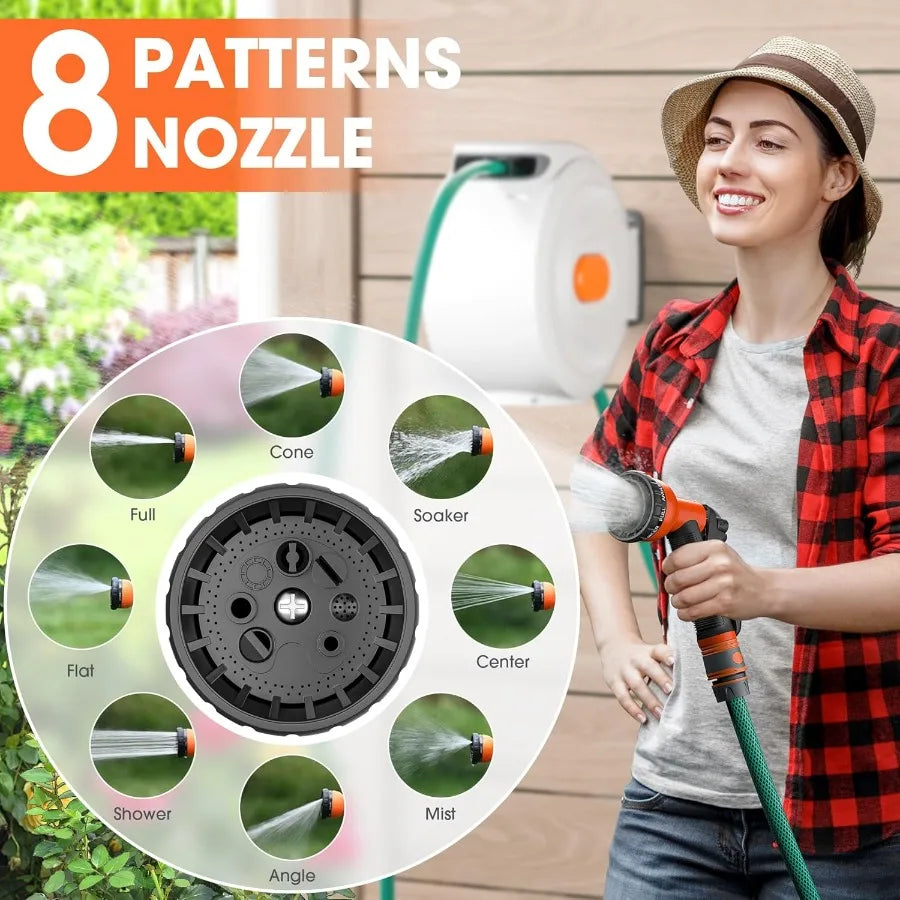 Garden Hose Reel Retractable Wall Mounted With 8 Pattern Nozzle