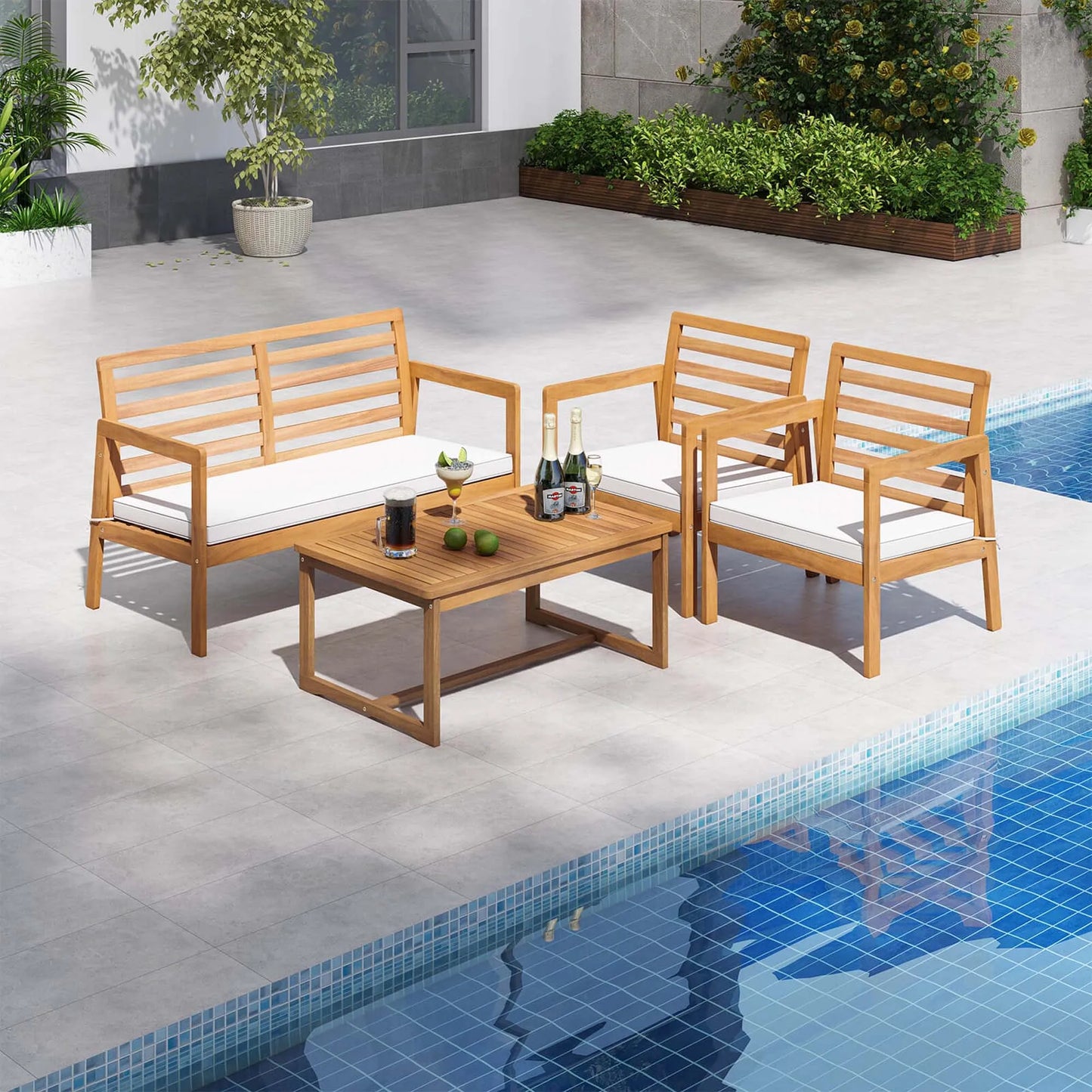 HOMASIS 4-Piece Acacia Wood Patio Furniture Set With Cushions