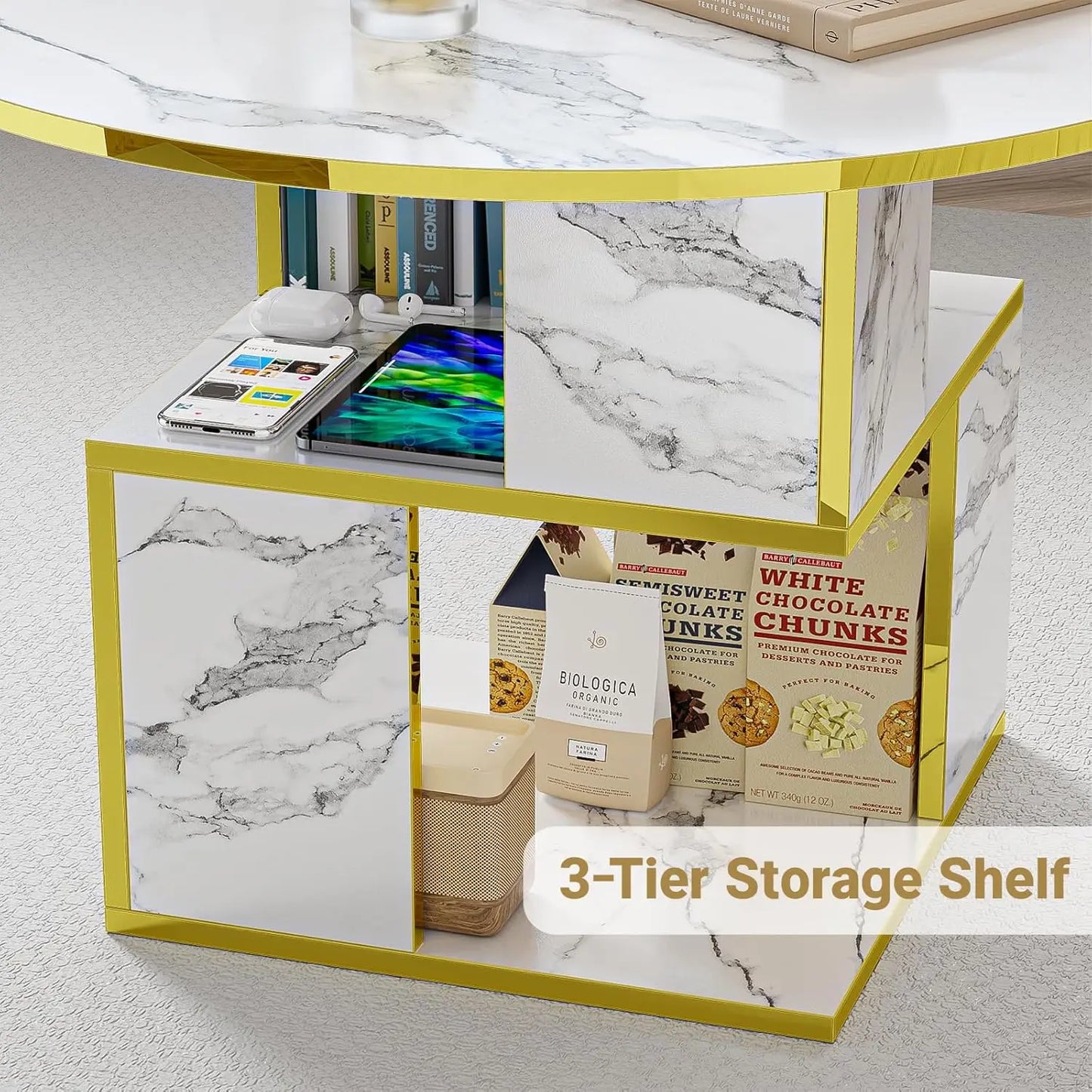 Merronix 3-Tier Round Coffee Table With Storage, Marble Top