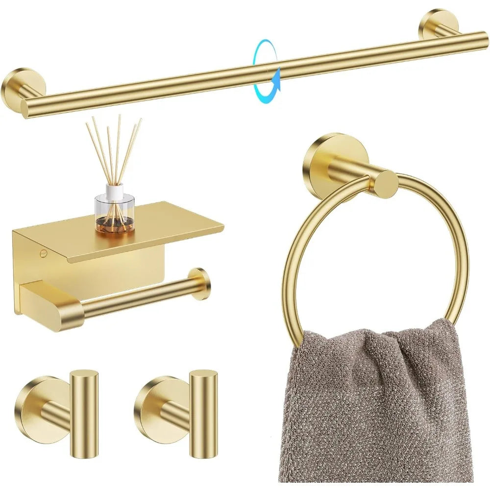 5-Piece Brushed Gold Bathroom Hardware Set with Towel Bar, Ring, Toilet Paper Holder and Hooks - Stainless Steel Wall Mounted