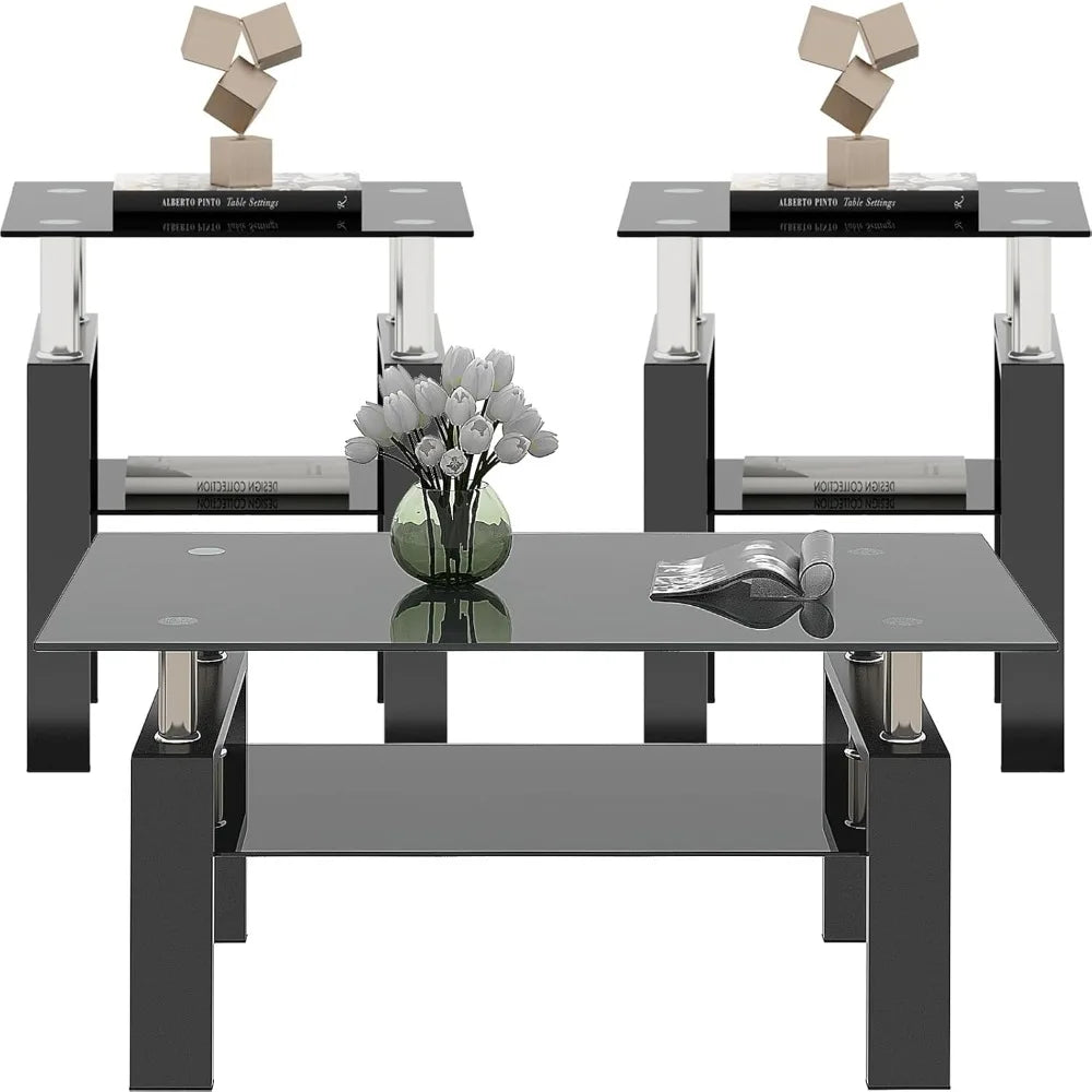 Coffee Table Set With Glass Top And Durable Metal Frame