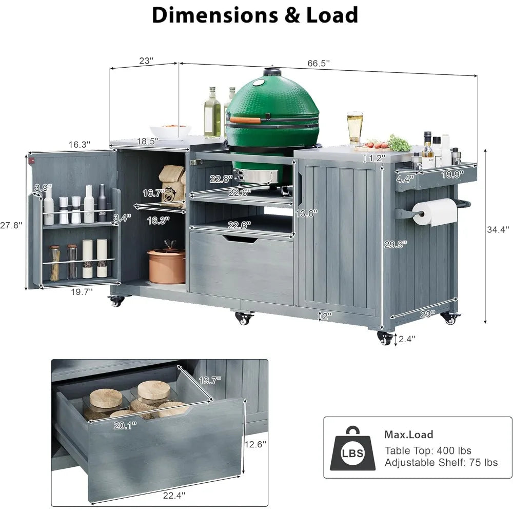 Outdoor Kitchen Island Solid Fir Wood Stainless Steel Top
