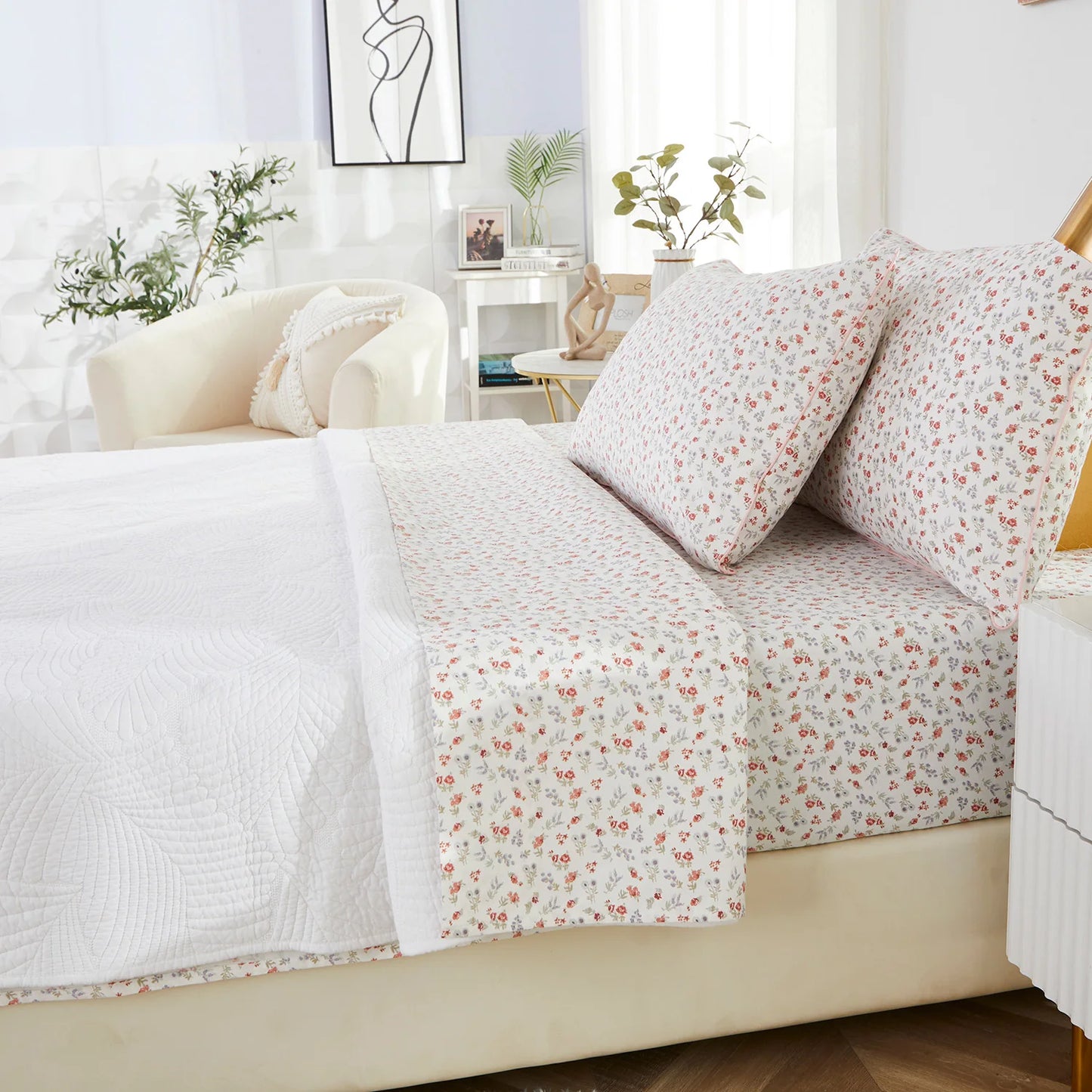 LISSTHERCN Fitted Sheet Set 4pcs 100 Percent Egyptian Cotton Flower Pattern