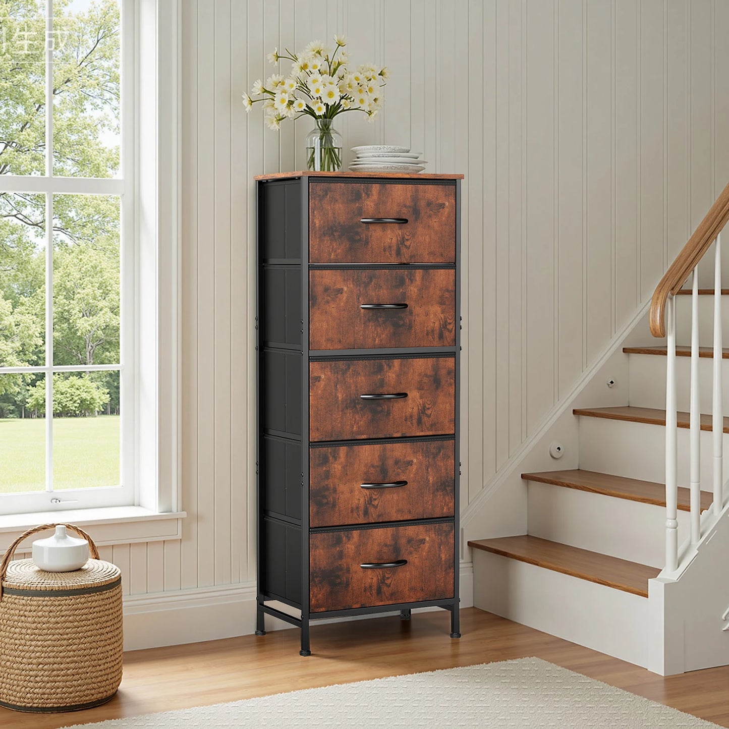 JHK Modern Dresser with Fabric Drawers and Steel Frame