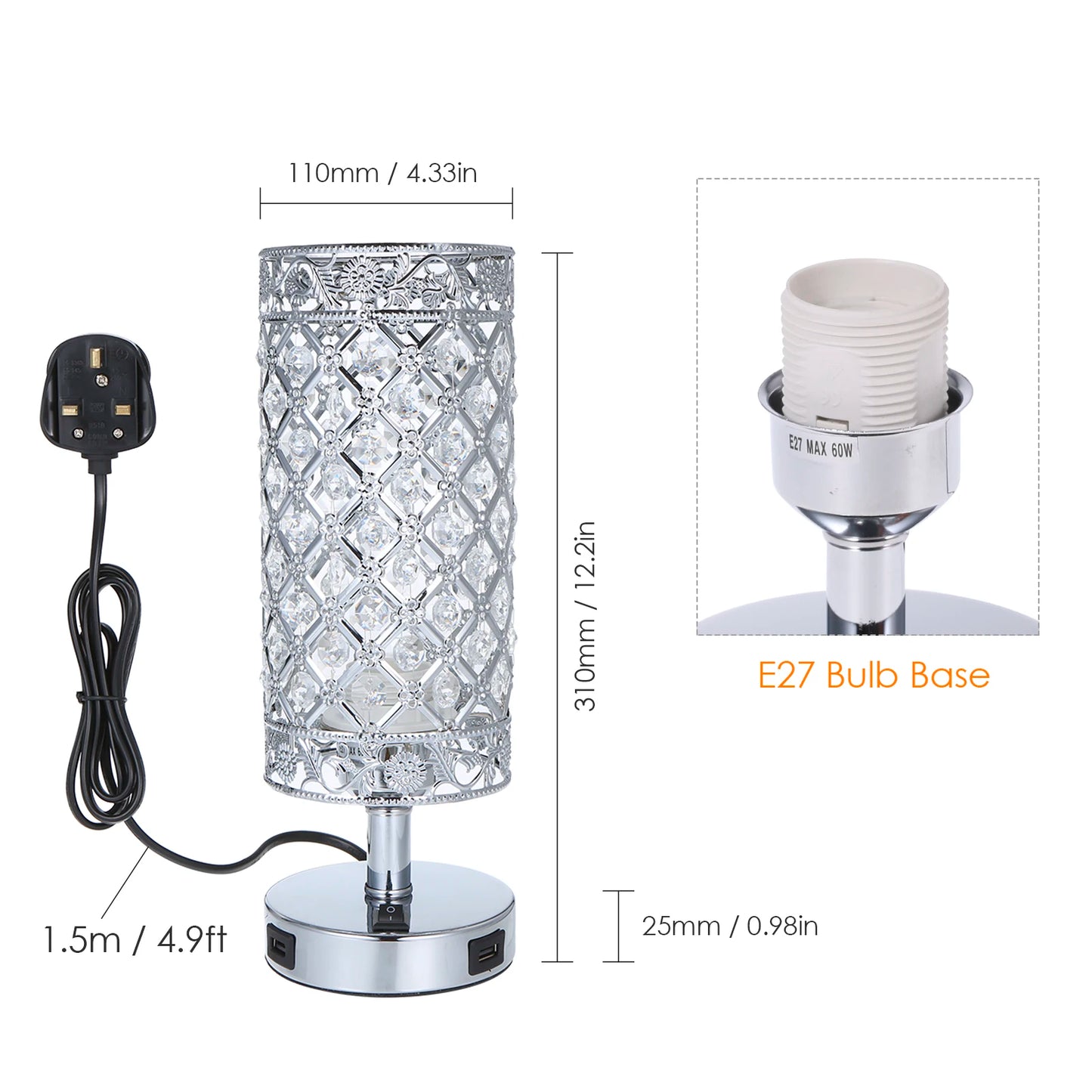 Bedside Table Lamp Dual USB Charging Port Modern Nightstand