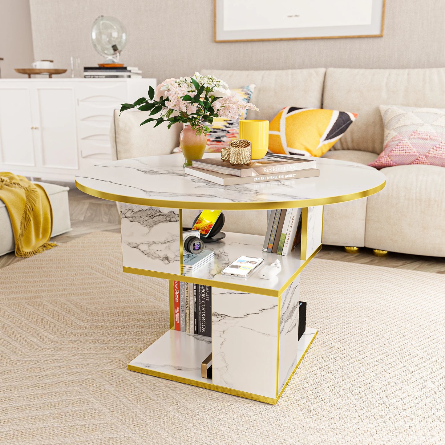 Merronix 3-Tier Round Coffee Table With Storage, Marble Top