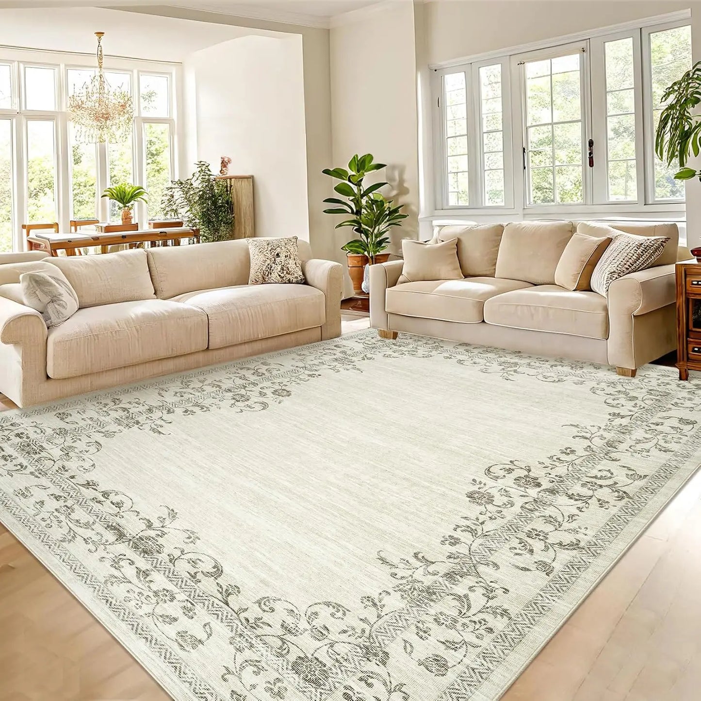 HiMISS Washable Area Rug Floral Border Polyester Machine Made