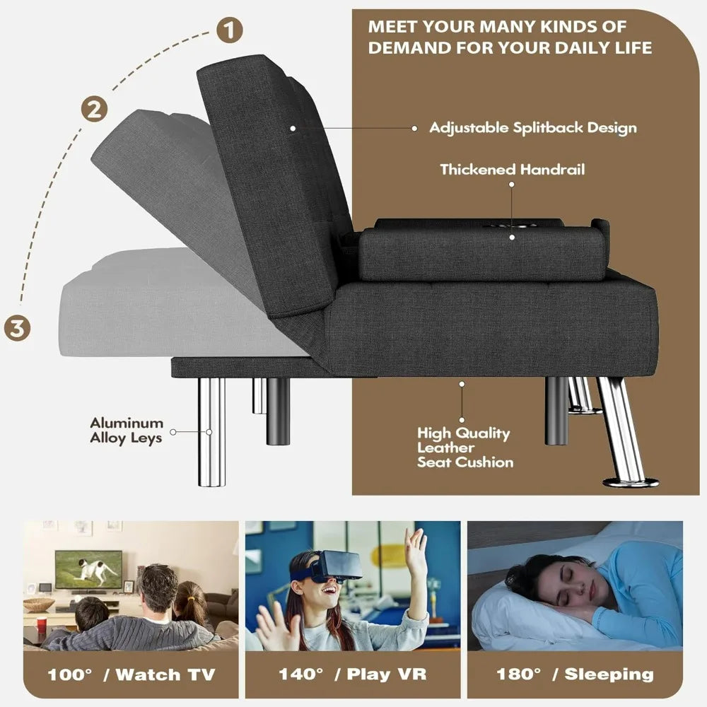 Futon Sofa Bed With Removable Armrests For Living Room
