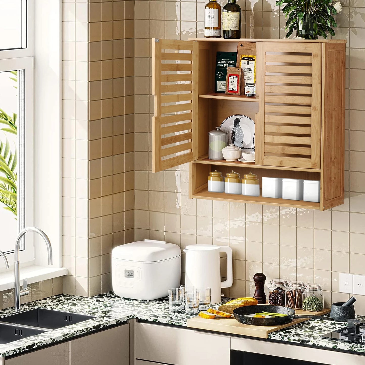 WisforFininsh Wall Cabinet Bamboo With Adjustable Shelves