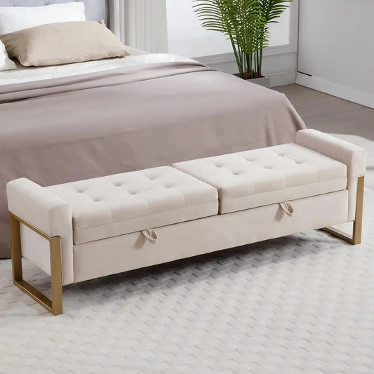 Ticify Storage Bench Velvet With Double Lids Metal Legs