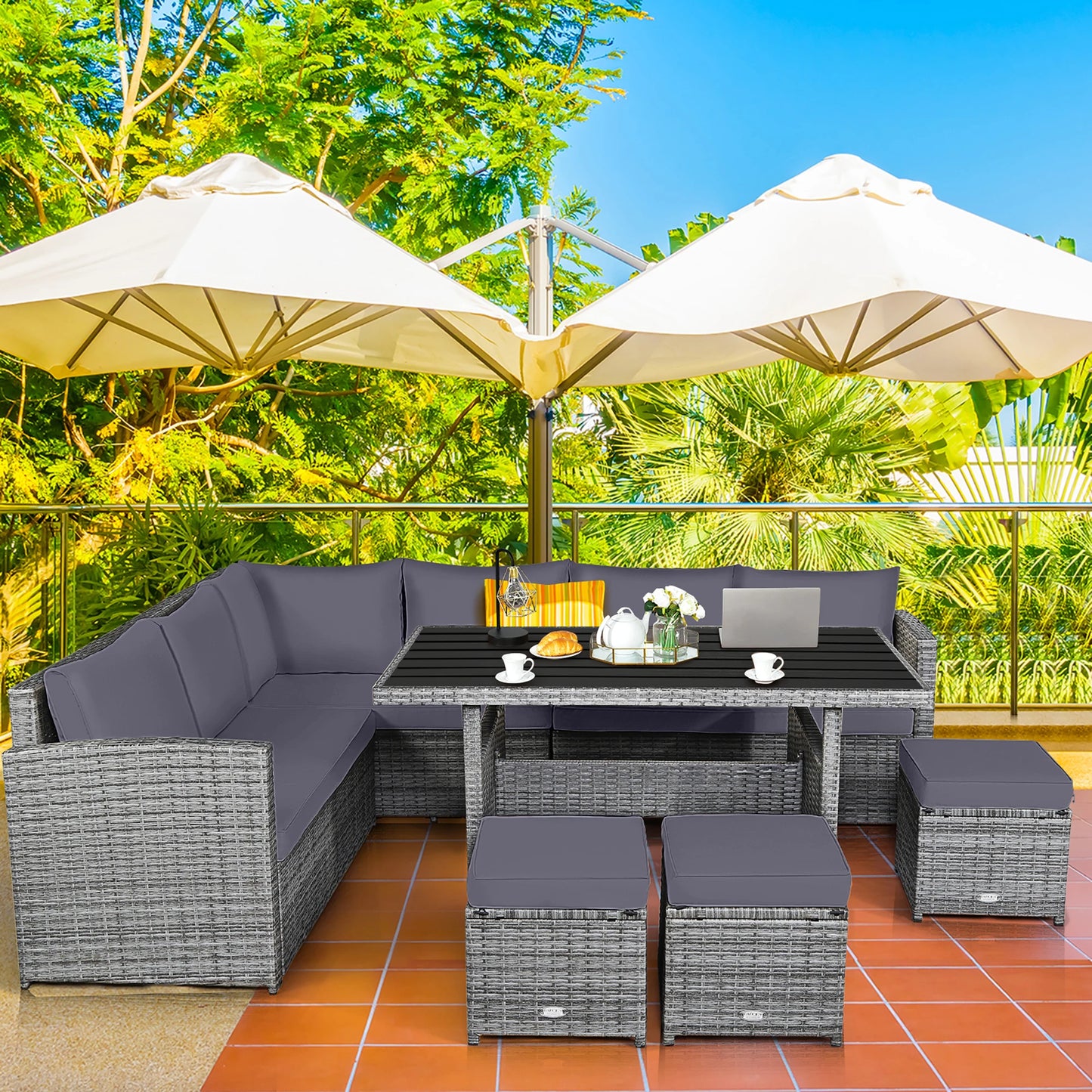7 Piece Patio Rattan Sectional Sofa Set with Ottoman
