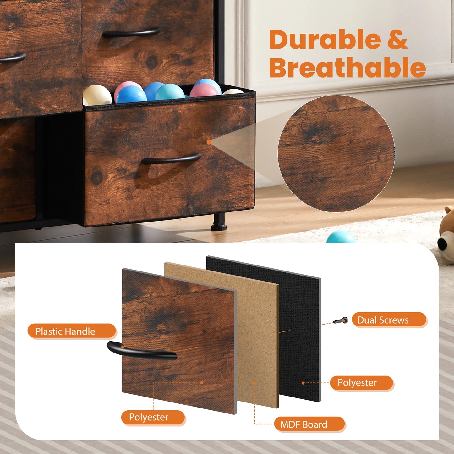 JHK Bedside Table Steel-Frame Storage With 10 Fabric Drawers
