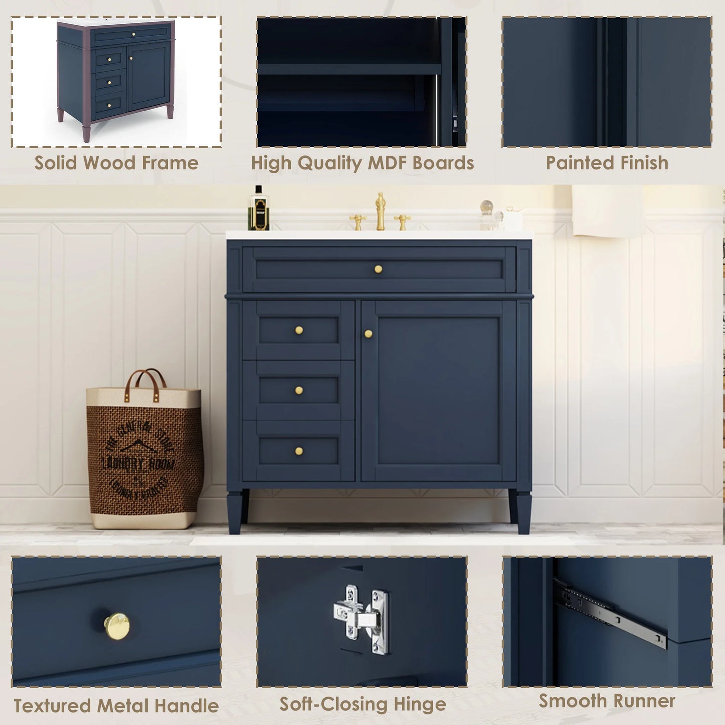 Sh.Kl Bathroom Vanity With Ceramic Sink Soft Close Doors